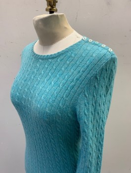 JCREW, Baby Blue, Cashmere, Solid, Cable Knit, Long Sleeves, Round Neck,  5 Small Button Closures at Left Shoulder