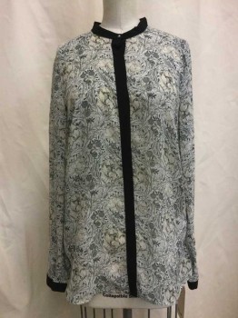 H&M, Gray, White, Black, Beige, Polyester, Floral, Black Trim, Button Front, Long Sleeves,