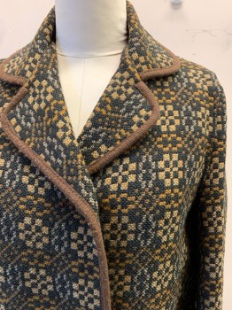 Womens, Coat, WELSH WOOLENS, Black, Brown, Gray, Wool, B 40, Square/Circle Medallion Pattern, Tapestry Weave, 3 Faux Wood Buttons, Clover Collar, Brown Trim, 2 Pockets