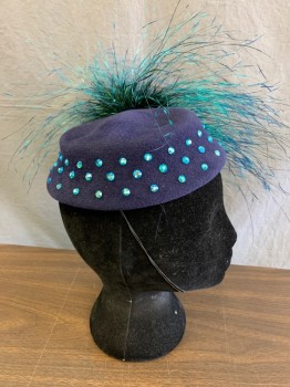 Womens, Fascinator, HOUSE OF NINES, Navy Blue, Wool, Teal Blue Rhinestones, Teal Blue Feathers on Left Side, Cord Chin Strap