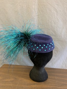 Womens, Fascinator, HOUSE OF NINES, Navy Blue, Wool, Teal Blue Rhinestones, Teal Blue Feathers on Left Side, Cord Chin Strap