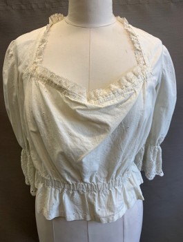 Womens, Historical Fiction Blouse, N/L, Off White, Cotton, Solid, Floral, W:34+, B:42, Muslin with Eyelet Cutout Dots,, 3/4 Sleeves, Flared Cuffs with Self Embroidery and Eyelet, Elastic, Square Neck with Lace Trim, Elastic Waist, Historical Fantasy