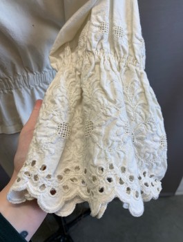 Womens, Historical Fiction Blouse, N/L, Off White, Cotton, Solid, Floral, W:34+, B:42, Muslin with Eyelet Cutout Dots,, 3/4 Sleeves, Flared Cuffs with Self Embroidery and Eyelet, Elastic, Square Neck with Lace Trim, Elastic Waist, Historical Fantasy