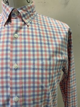 J CREW, Red, White, Blue, Cotton, Plaid, L/S, Button Front, Collar Attached, Chest Pocket