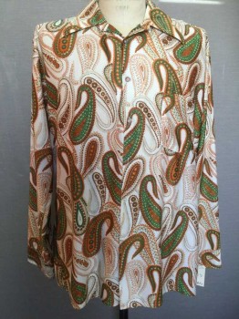 Van Heusen, Cream, Beige, Brown, Orange, Green, Synthetic, Paisley/Swirls, Cream with Beige/brown/orange/green Paisley Print, Button Front, Long Sleeves, Collar Attached,
