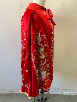Womens, Sci-Fi/Fantasy Cape, N/L MTO, Red, Silver, Multi-color, Metallic, Silk, Asian Inspired Theme, Satin, Pastel Iridescent Passementarie with Dragons, Phoenix Birds, Flowers and Vines, Waist Length, Self Ties at Neck, Yellow Lining, Large Red Satin (Non-Matching) Gussets at Sides & Back, Made To Order, Has Lots of Loose Gold Threads