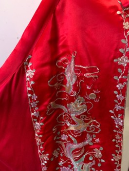 Womens, Sci-Fi/Fantasy Cape, N/L MTO, Red, Silver, Multi-color, Metallic, Silk, Asian Inspired Theme, Satin, Pastel Iridescent Passementarie with Dragons, Phoenix Birds, Flowers and Vines, Waist Length, Self Ties at Neck, Yellow Lining, Large Red Satin (Non-Matching) Gussets at Sides & Back, Made To Order, Has Lots of Loose Gold Threads