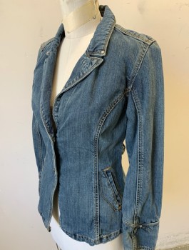 Womens, Blazer, TRIPLE FIVE SOUL, Denim Blue, Cotton, Solid, M, Jean Blazer, Notched Lapel, 2 Buttons, Tan and White Top Stitching, 2 Welt Pockets, Self Belt/Buckle Details at Sides of Waist, No Lining