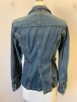 Womens, Blazer, TRIPLE FIVE SOUL, Denim Blue, Cotton, Solid, M, Jean Blazer, Notched Lapel, 2 Buttons, Tan and White Top Stitching, 2 Welt Pockets, Self Belt/Buckle Details at Sides of Waist, No Lining