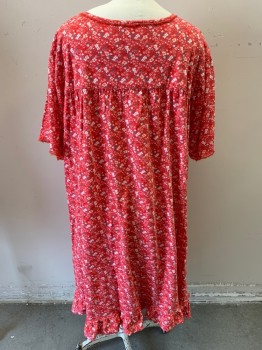 Womens, Nightgown, DREAMS, Red, White, Sky Blue, Melon Orange, Cotton, Floral, 5X, Short Sleeves, Scoop Neck, 1/2 Placket, Pleats at Bust, Ruffle Hem