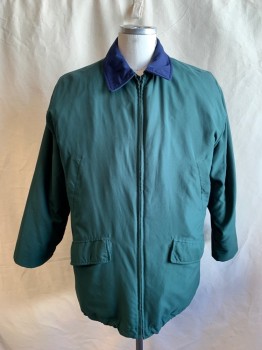 LIMITED EDITION, Dk Green, Polyester, Solid, Zip Front, Collar Attached, Solid Navy Collar, Long Sleeves, 2 Flap Pockets, 2 Diagonal Chest Pockets, Button Tab Cuff Detail, Zip Detachable Lining (Barcode in Lining), Drawstring Hem