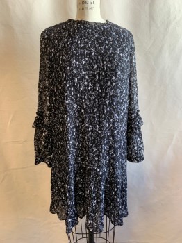 ZARA, Black, White, Polyester, Floral, Small Accordion Pleats, Ruffle Neck, Long Sleeves, with Button Cuff, Ruffle Attached at Elbow, Keyhole Back Neck