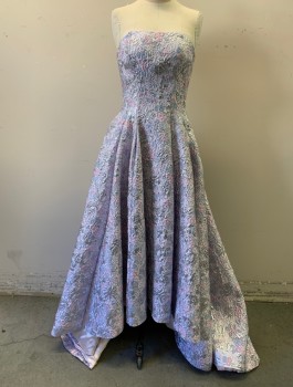 Womens, Evening Gown, CINDERELLA DIVINE, Silver, Lavender Purple, Pink, Lt Blue, Synthetic, Floral, Sz.4, Brocade, Lurex, Strapless, Zip Back, 2 Pockets, Pleated Skirt Panels, Short in Front, Train with Button to Hold Train Up