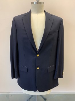 BOTANY 500, Navy Blue, Wool, Notched Lapel, Single Breasted, Button Front, Gold Buttons, 3 Pockets