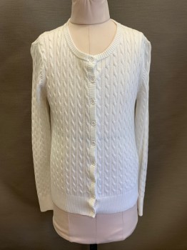 Childrens, Cardigan Sweater, GAP, White, Cotton, Cable Knit, XL, Crew Neck, Single Breasted, Button Front, Long Sleeves