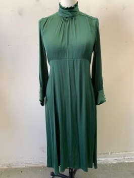 ZARA, Forest Green, Polyester, Solid, Charmeuse, High Neckline with Self Ruffles, Gathered at Front Neck and Shoulders, High Waist Seam, Bias Cut, Tiny Fabric Buttons and Loops at Cuffs, Hem Mid-calf,  Invisible Zipper at Side