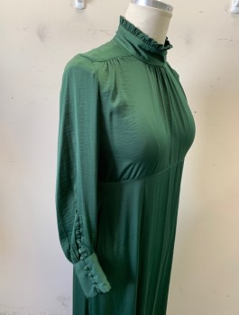 ZARA, Forest Green, Polyester, Solid, Charmeuse, High Neckline with Self Ruffles, Gathered at Front Neck and Shoulders, High Waist Seam, Bias Cut, Tiny Fabric Buttons and Loops at Cuffs, Hem Mid-calf,  Invisible Zipper at Side