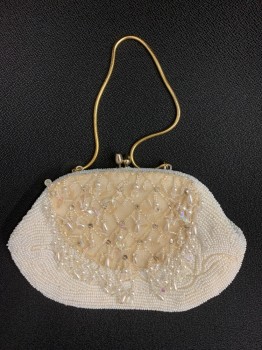 Womens, Purse, BROADWAY, Cream, Iridescent White, Clear, Beaded, Sequins, Abstract , Floral, Hinged, Clasp Closure, Tiny Beads and Droplets