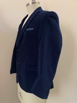 ALFANI, Indigo Blue, Cotton, Polyester, Solid, 3 Buttons, Single Breasted, Notched Lapel, 3 Pockets, Velvet Texture, Sewn On Pocketsquare