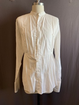 Mens, Shirt 1890s-1910s, CHRIS SHIRTS, White, Cotton, Solid, Stripes, 36-37, 15.5, Band Collar, Button Front, L/S, Ties Attached at Waist, French Cuffs, Self Stripes *Aged/Distressed*