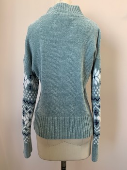 CHRISTIAN SIRIANO, Ice Blue, Navy Blue, White, Polyester, L/S, Mock Neck, Knit, Floral Pattern On Sleeves,