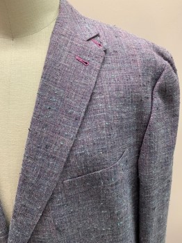 ROBERT GRAHAM, Lavender Purple, Purple, Teal Blue, Silk, Linen, Tweed, Single Breasted, 2 Buttons, Notched Lapel, 3 Pockets, Double Vent