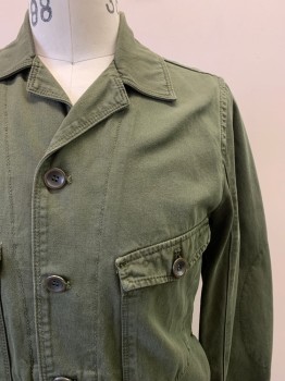 ZARA, Olive Green, Cotton, Solid, L/S, Button Front, Collar Attached, Chest Pockets, Distressed Trim
