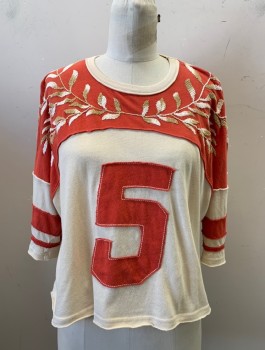 WE THE FREE, Ecru, Red-Orange, Beige, Cotton, Color Blocking, Leaves/Vines , Athletic Inspired Varsity Tee, Shoulders are Reddish Orange, Hem is Ecru with Contrasting Stripes at Sleeves, Fabric "5" at Chest, Jersey, Leaf Embroidery at Shoulders, Boxy Cropped Fit, Worn/Aged Slightly