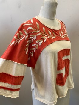WE THE FREE, Ecru, Red-Orange, Beige, Cotton, Color Blocking, Leaves/Vines , Athletic Inspired Varsity Tee, Shoulders are Reddish Orange, Hem is Ecru with Contrasting Stripes at Sleeves, Fabric "5" at Chest, Jersey, Leaf Embroidery at Shoulders, Boxy Cropped Fit, Worn/Aged Slightly