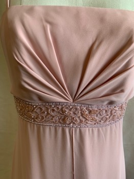 MICHAELANGELO, Dusty Pink, Polyester, Solid, Spaghetti Straps, Empire Waist, Beaded Trim @ Waist, Fan Pleats In Bodice, Chiffon Overlay With Slit In Front, MULTIPLES