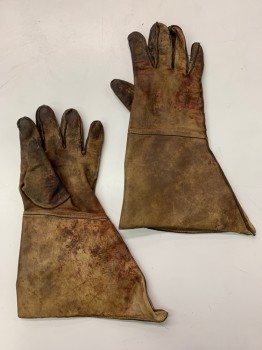Unisex, Sci-Fi/Fantasy Gloves, MTO, Lt Brown, Dk Brown, Leather, Solid, Faded, L, Gauntlet/Welding, Aged and Worn, Red/Rust Stains,
