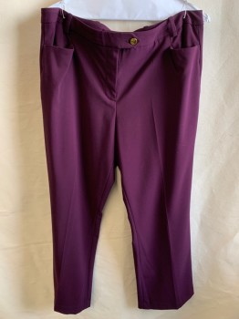 CALVIN KLEIN, Wine Red, Polyester, Spandex, Solid, F.F, Zip Front, Extended Waistband, Gold Button Closure, 3 Pockets, Modern Fit