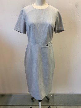 BANANA REPUBLIC, Lt Gray, White, Polyester, Rayon, 2 Color Weave, Round Neck,  Faux Belt With Silver Buttons, Zip Back, Hem Below Knee
