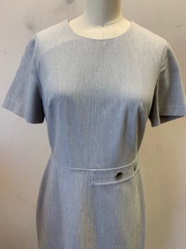 BANANA REPUBLIC, Lt Gray, White, Polyester, Rayon, 2 Color Weave, Round Neck,  Faux Belt With Silver Buttons, Zip Back, Hem Below Knee