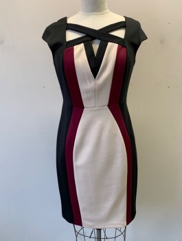 JAX, Black, Beige, Purple, Polyester, Spandex, Color Blocking, Cap Sleeves, Vertical Panels of Black, Beige and Purple, Square Neck with X Crossed Straps, Peek-a-boo Hole at Center Front, Fitted, Knee Length, Exposed Rose Gold Zipper in Back