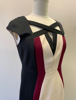 JAX, Black, Beige, Purple, Polyester, Spandex, Color Blocking, Cap Sleeves, Vertical Panels of Black, Beige and Purple, Square Neck with X Crossed Straps, Peek-a-boo Hole at Center Front, Fitted, Knee Length, Exposed Rose Gold Zipper in Back