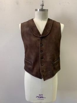 Mens, Historical Fiction Vest, N/L, Brown, Charcoal Gray, Suede, Cotton, Solid, Herringbone, 42, 1800s, *Aged/Distressed* Shawl Collar, 6 Buttons, Herringbone Stripe Back, 2 Pockets, *Missing Bottom Bttn*