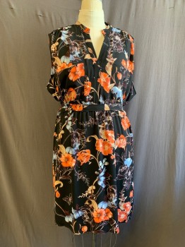 WHO WHAT WEAR, Black, Coral Orange, Multi-color, Polyester, Floral, Band Collar, V-N, 2 Pockets, Elastic Waistband, Black Lining, Blue/Gray And Burgundy Details, Matching Tie Belt