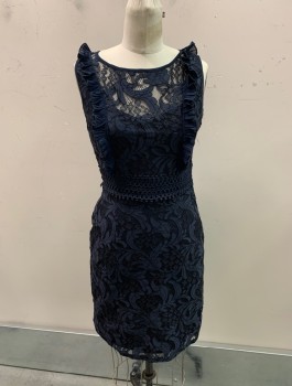ROMEO & JULIET, Navy Blue, Polyester, Floral, Solid, Round Neck, Ruffles Down Front And Back, Side Zipper,