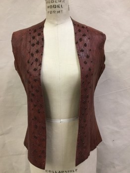 Mens, Vest, MTO, Sienna Brown, Copper Metallic, Leather, Metallic/Metal, Diamonds, 36, No Closures, Unfinished Arm Holes, Back Yoke, Scored Design with Small Metal Beads Down Front, Aged/Distressed, Tribal, Post-apocalyptic,