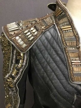 Womens, Sci-Fi/Fantasy Piece 1, BILL HARGATE, Black, Silver, Brass Metallic, Leather, Metallic/Metal, Solid, Geometric, 2, 3 PIECES. Zip Front, Quilting At Yoke, Webbing/buckles Center Front, Heavy Beading Collar/back/elbows, 2 Detachable Gauntlets, Zipper Trim Tailcoat