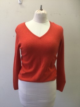 SUTTON STUDIOS, Orange, Cashmere, Solid, Long Sleeves, Pull Over, V Neck, Skinny Ribbed Band Around the Neck Waistband and Sleeves