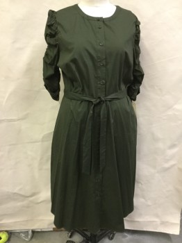WHO WHAT WEAR, Olive Green, Cotton, Spandex, Solid, Button Front, Round Neck,  Elastic Rouched 3/4 Sleeves, Belt Loops, Tie Belt
