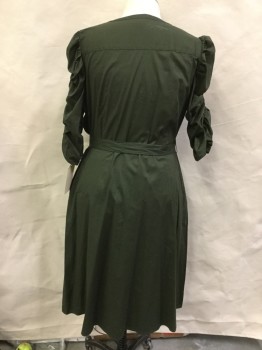 WHO WHAT WEAR, Olive Green, Cotton, Spandex, Solid, Button Front, Round Neck,  Elastic Rouched 3/4 Sleeves, Belt Loops, Tie Belt