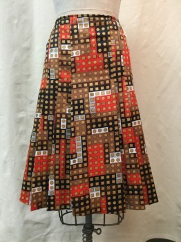 Womens, 1960s Vintage, Skirt, CANDA, Brown, Lt Brown, Black, Red, Gray, Synthetic, Geometric, W 26, Pleated