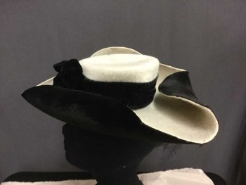 Womens, Historical Fiction Hat, Cream, Black, Silk, Wool, Solid, Color Blocking, Lopsided Crown, Wide Velvet Band with Floofy Bows and Jet Beads, Feather Festoon