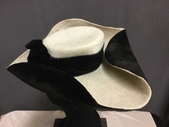 Womens, Historical Fiction Hat, Cream, Black, Silk, Wool, Solid, Color Blocking, Lopsided Crown, Wide Velvet Band with Floofy Bows and Jet Beads, Feather Festoon