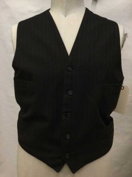 Mens, Vest 1890s-1910s, Dk Brown, Gray, Wool, Stripes - Pin, Ch 44, Dark Brown with Gray Pin Stripes, Button Front, 4 Pockets,