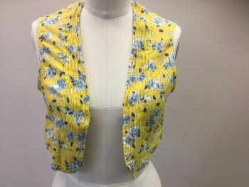Womens, 1940s Vintage Piece 2, N/L, Yellow, White, Powder Blue, Green, Dk Blue, Cotton, Floral, B:36, Vest, Sheer Rib Knit Jersey, Sleeveless, Open at Center Front, **3 Pieces Total: Comes with Non-Coded Sash Belt