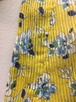 Womens, 1940s Vintage Piece 2, N/L, Yellow, White, Powder Blue, Green, Dk Blue, Cotton, Floral, B:36, Vest, Sheer Rib Knit Jersey, Sleeveless, Open at Center Front, **3 Pieces Total: Comes with Non-Coded Sash Belt